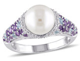 Freshwater Cultured Pearl 8-8.5mm with Diamonds 1/10 Carat (ctw) and Swiss Blue Topaz and Amethyst Ring in Sterling Silver